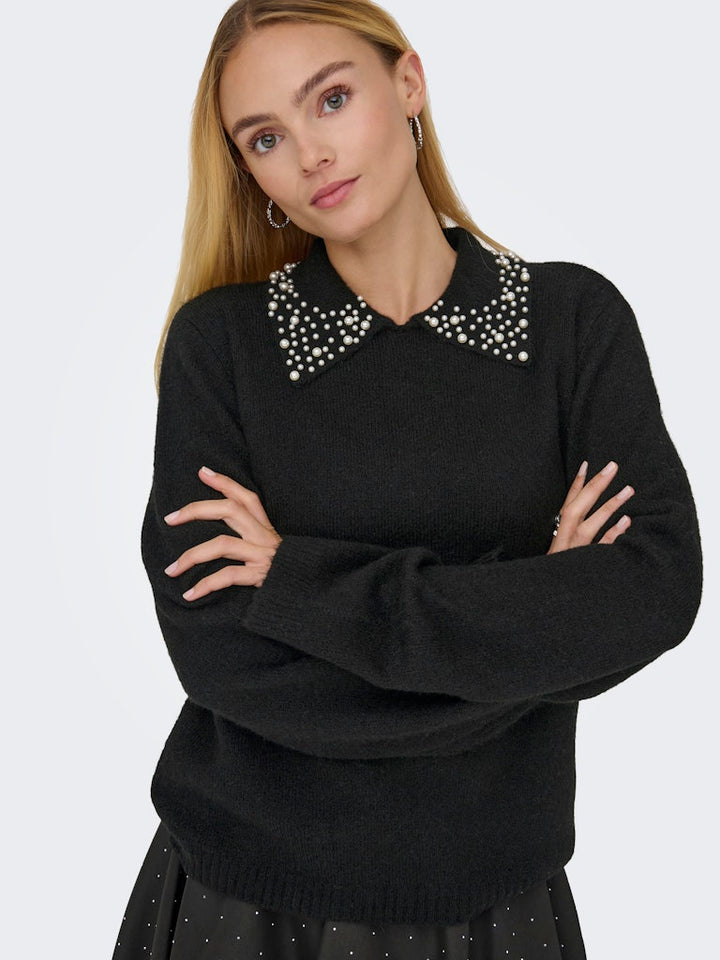Jdyaubray Life L/s Pearl Collar Pull Knt - Zwart