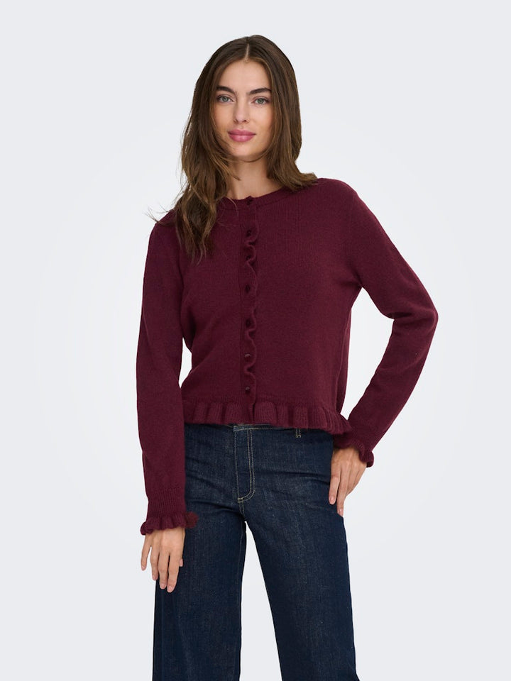 Jdyletty L/s On Frill Cardigan Knt Noos - Bordeaux