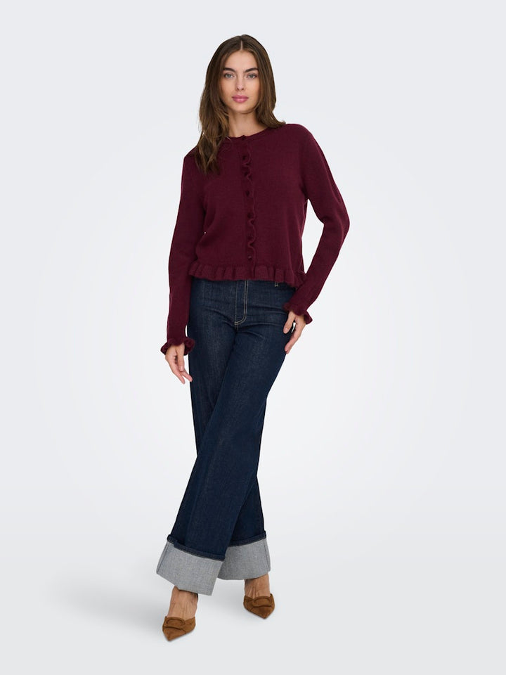Jdyletty L/s On Frill Cardigan Knt Noos - Bordeaux