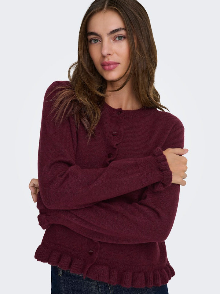 Jdyletty L/s On Frill Cardigan Knt Noos - Bordeaux