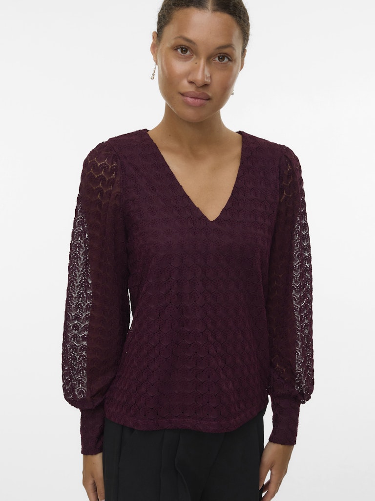 Vmbecca Ls V-neck Lace Top Jrs Noos - Bordeaux