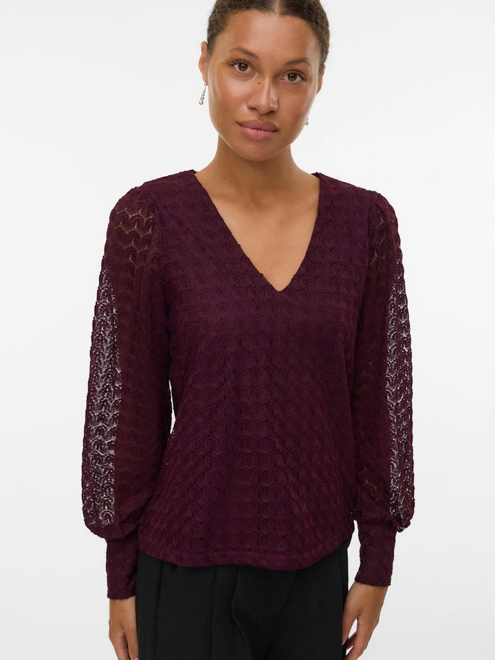 Vmbecca Ls V-neck Lace Top Jrs Noos - Bordeaux