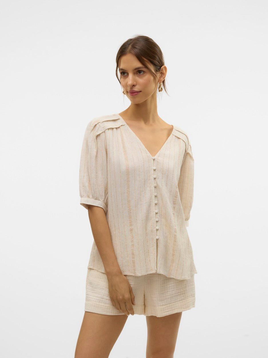 Vmdahlia S/s V-neck Shirt Wvn Btq - Ecru Dessin