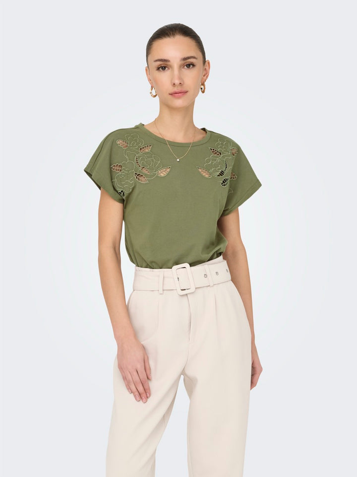 Jdyrose Ss O-neck Emb Top - Army
