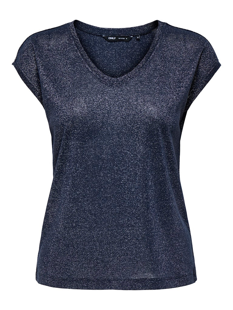 Onlsilvery S/s V Neck Lurex Top Jrs Noos - Navy