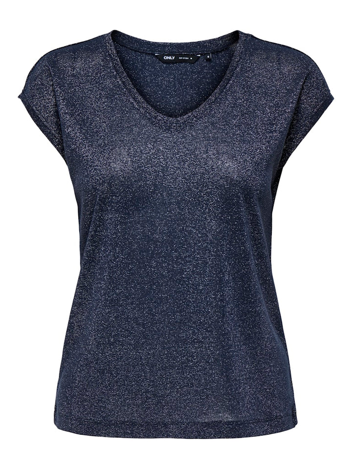 Onlsilvery S/s V Neck Lurex Top Jrs Noos - Navy