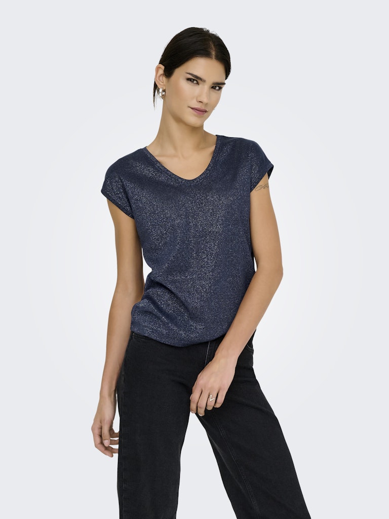 Onlsilvery S/s V Neck Lurex Top Jrs Noos - Navy