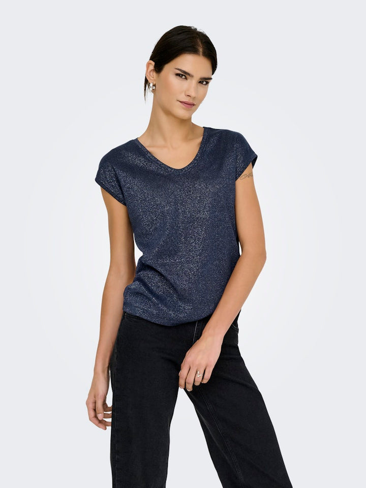 Onlsilvery S/s V Neck Lurex Top Jrs Noos - Navy