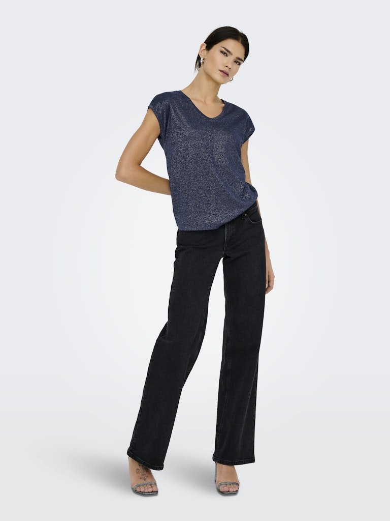 Onlsilvery S/s V Neck Lurex Top Jrs Noos - Navy