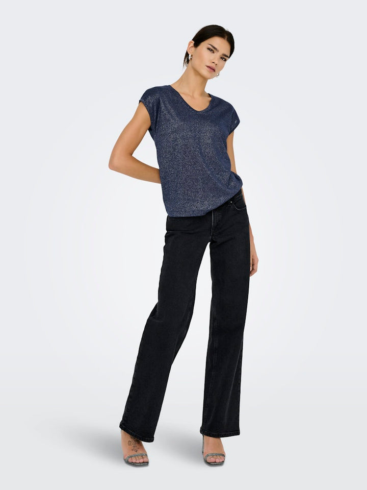 Onlsilvery S/s V Neck Lurex Top Jrs Noos - Navy