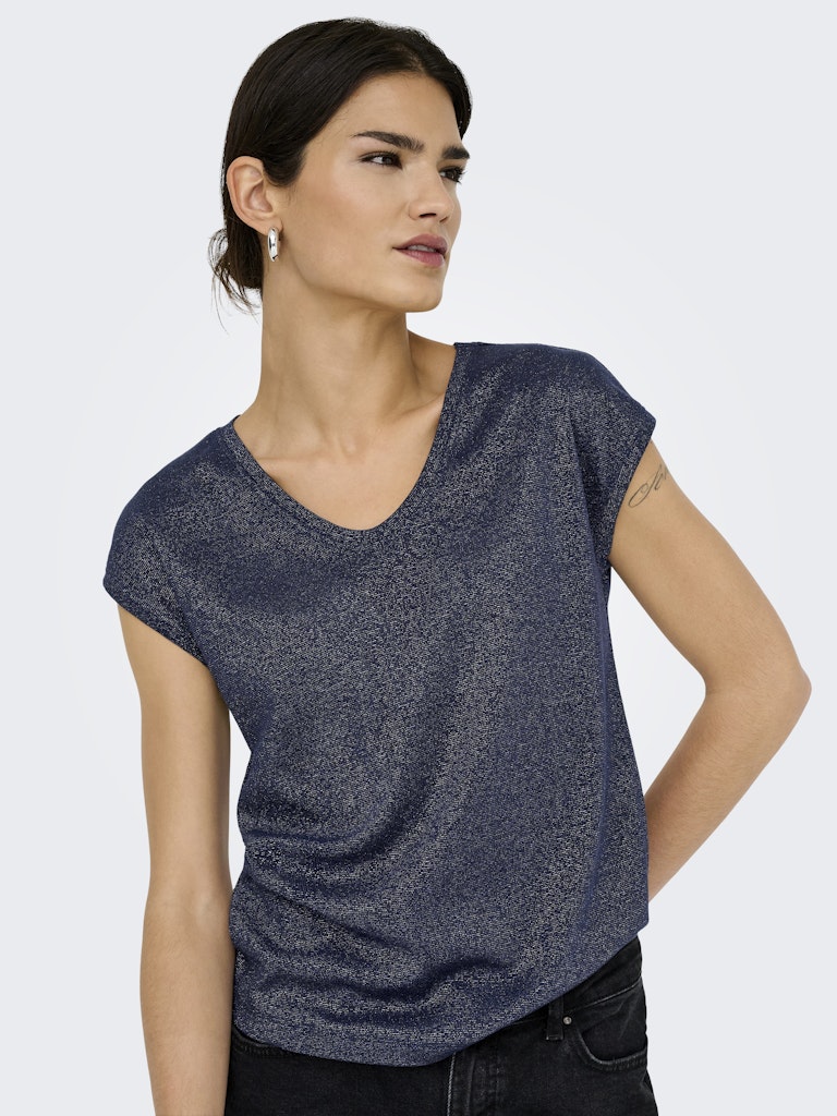 Onlsilvery S/s V Neck Lurex Top Jrs Noos - Navy