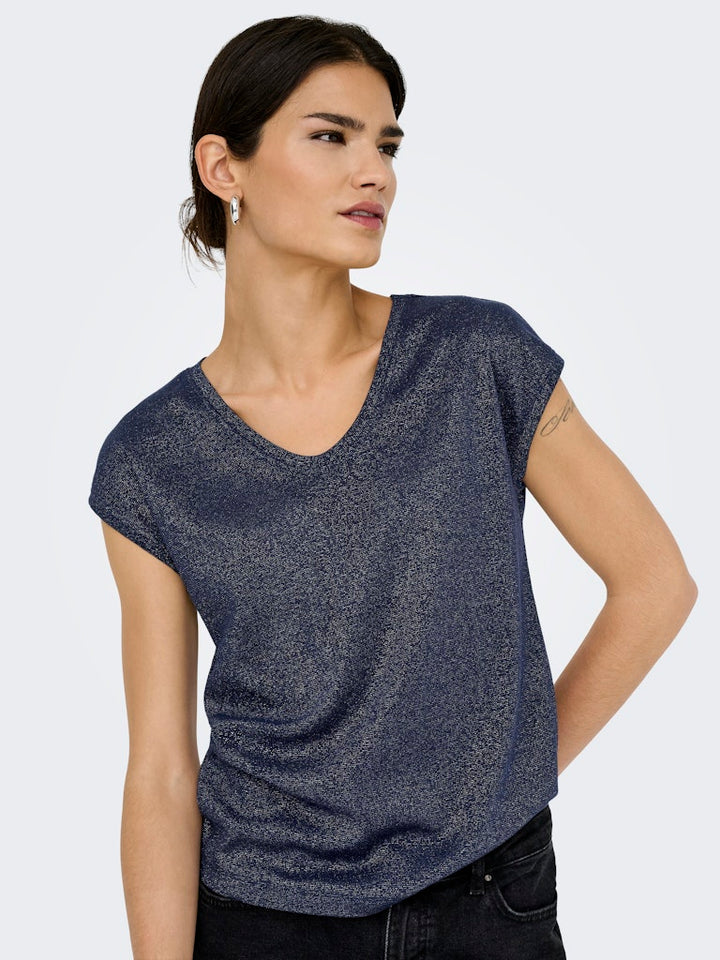 Onlsilvery S/s V Neck Lurex Top Jrs Noos - Navy