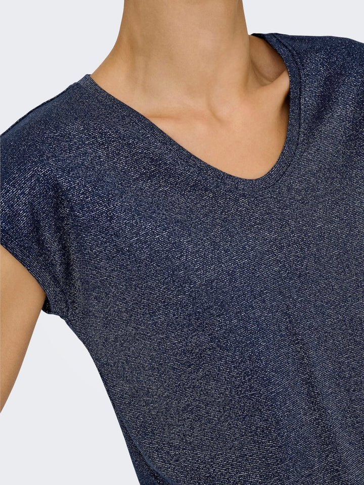Onlsilvery S/s V Neck Lurex Top Jrs Noos - Navy