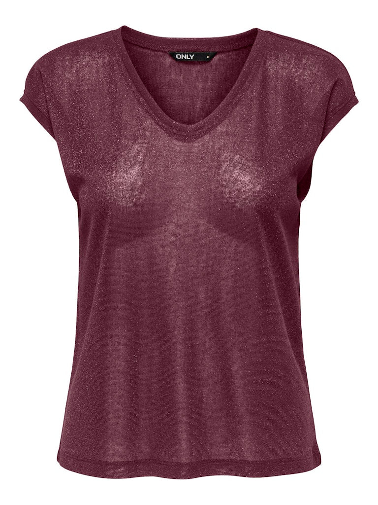 Onlsilvery S/s V Neck Lurex Top Jrs Noos - Bordeaux