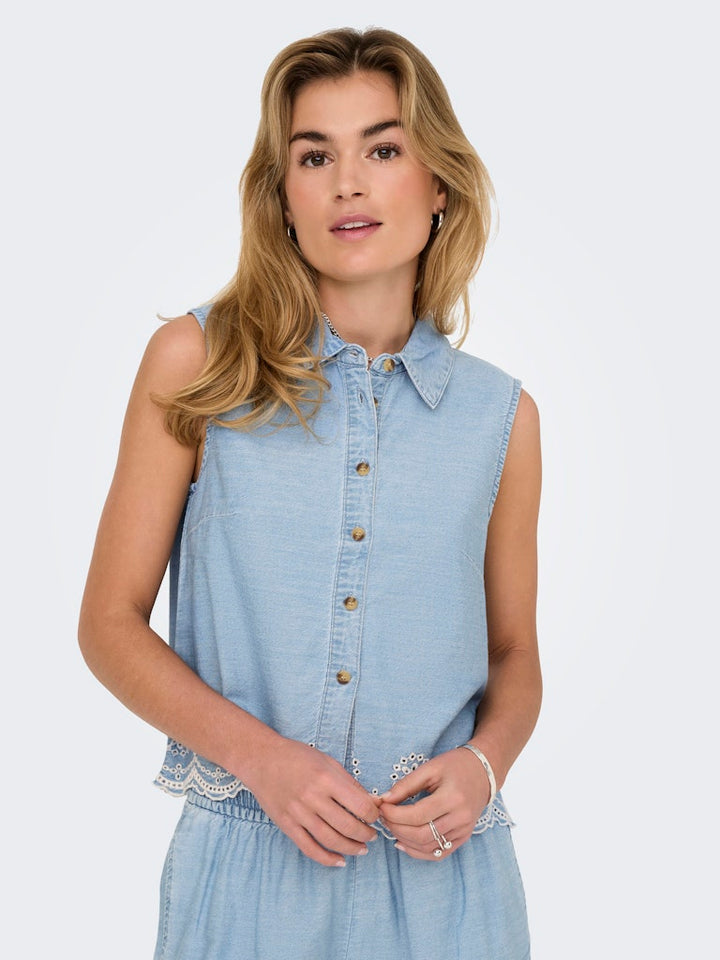 Onlmoon S/l Brod Anglaise Dnm Shirt Qyt - Blue Denim