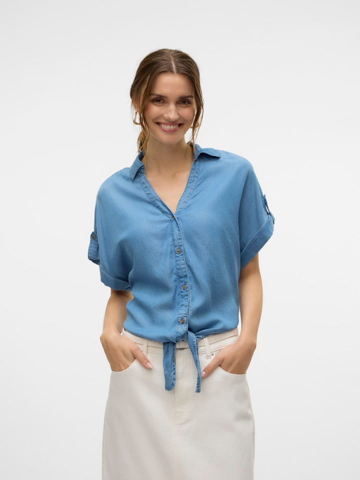 Vmfleur Ss Bow Tencel Shirt - Blue Denim