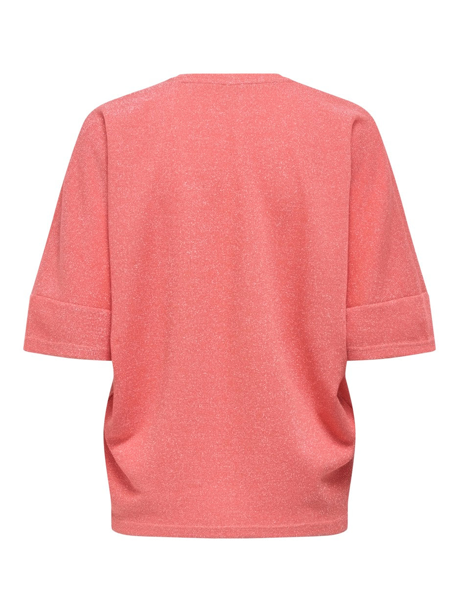 Onlivy S/s Glitter V-neck Top Cs Jr - Koraal Rood