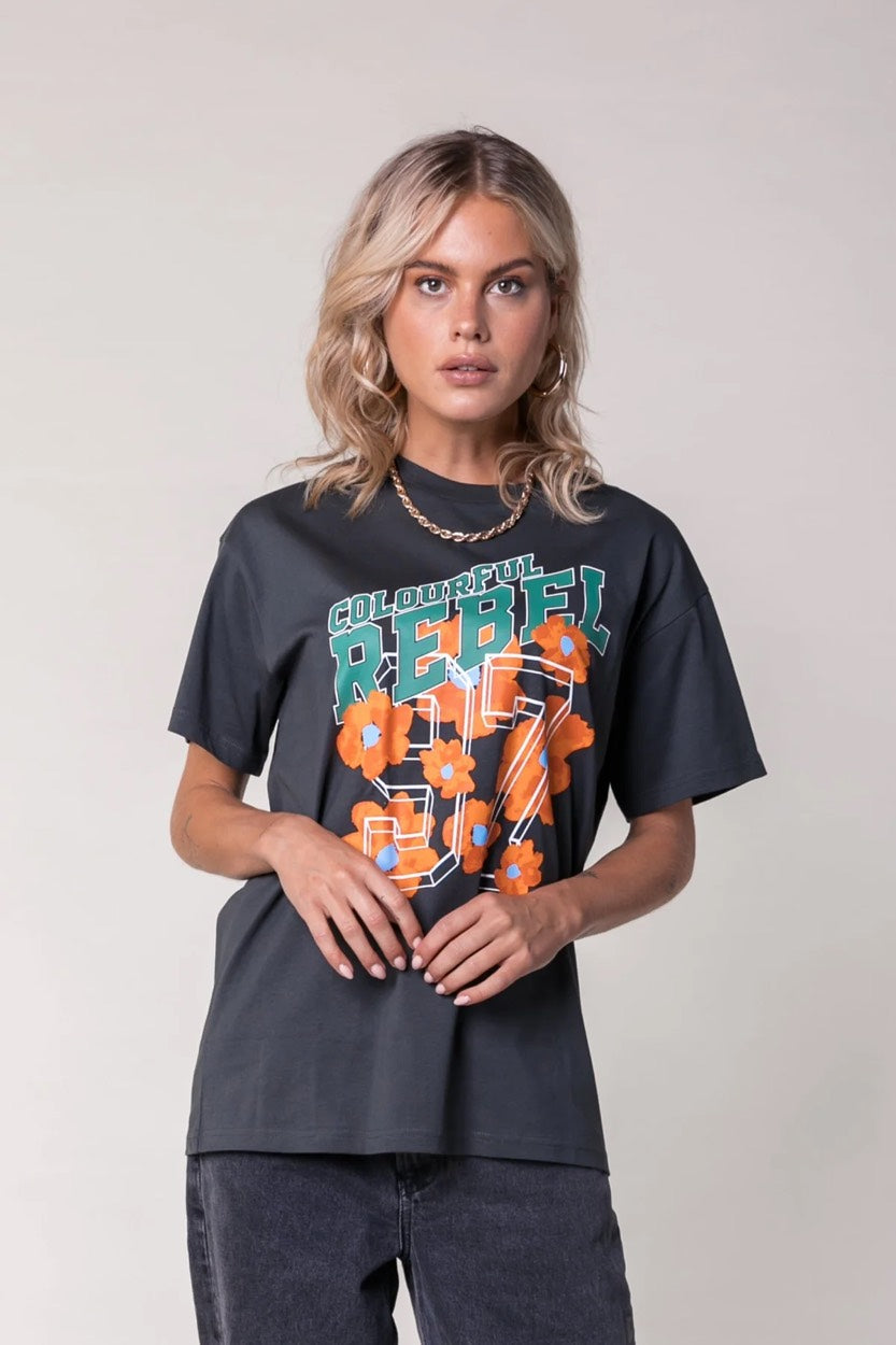 Aqua Flowers Loosefit Tee - Antraciet