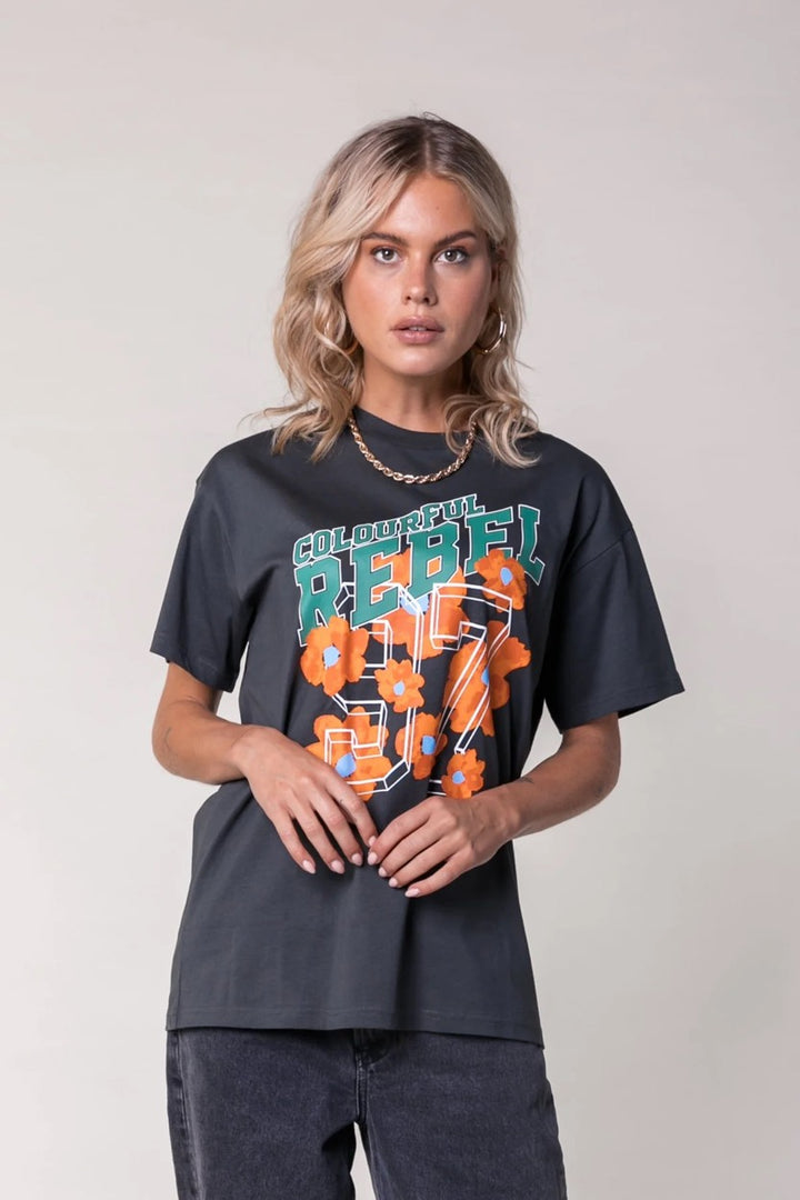 Aqua Flowers Loosefit Tee - Antraciet