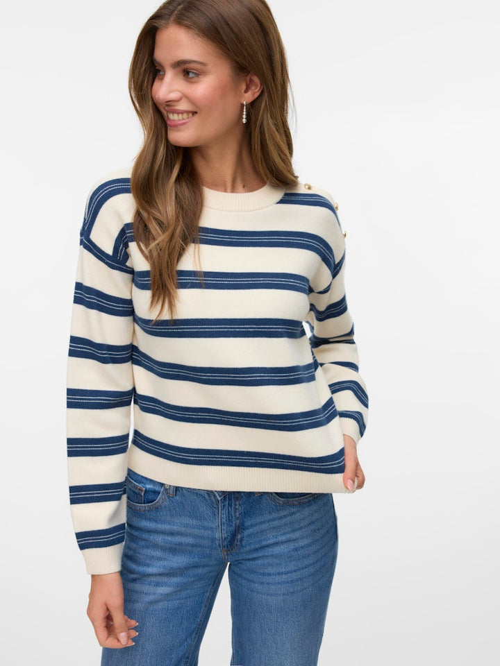 Vmgold Stripe Ls O-neck Pullover - Ecru Dessin