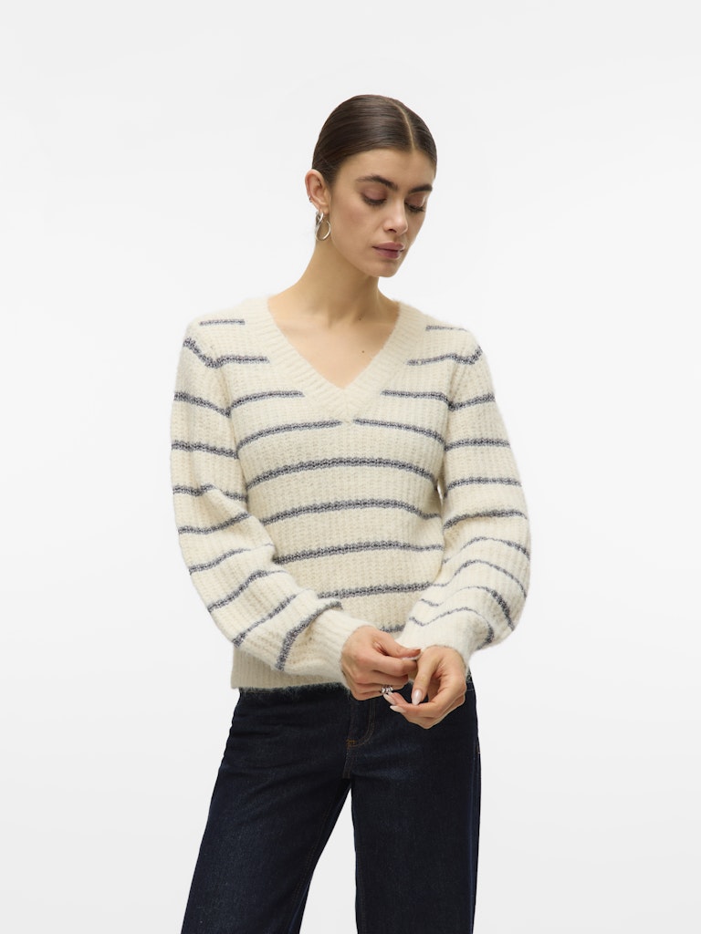 Vmawesome Shine Ls V-nck Stripe Pull Boo - Ecru Dessin