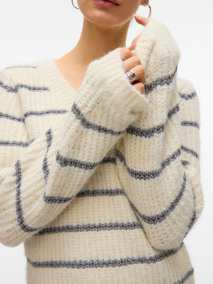 Vmawesome Shine Ls V-nck Stripe Pull Boo - Ecru Dessin