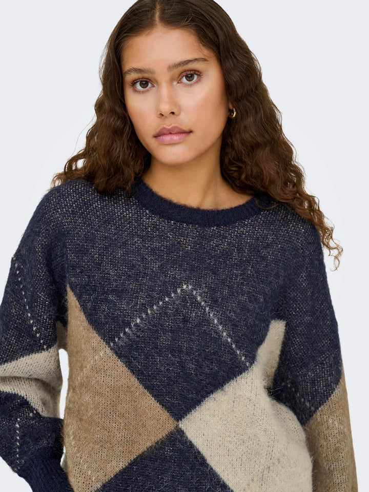 Onlnoeme Life Ls Jq O-neck Knt - Blauw Dessin