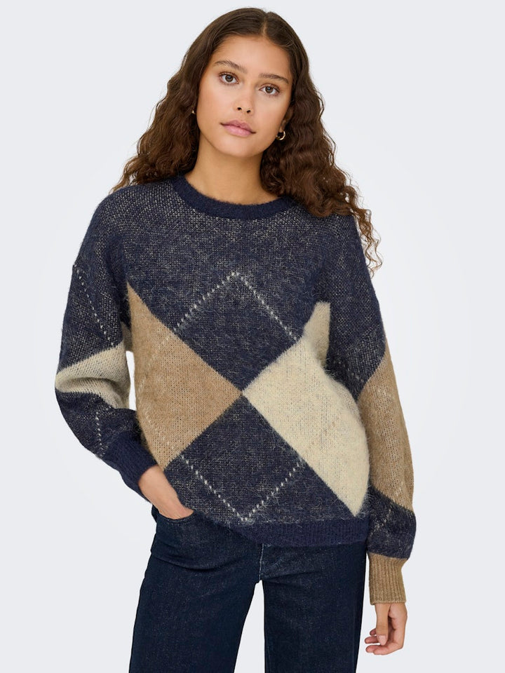 Onlnoeme Life Ls Jq O-neck Knt - Blauw Dessin