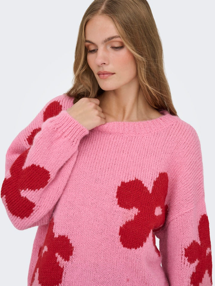 Onlbootle Life Ls Flower O-neck Knt - Roze Dessin