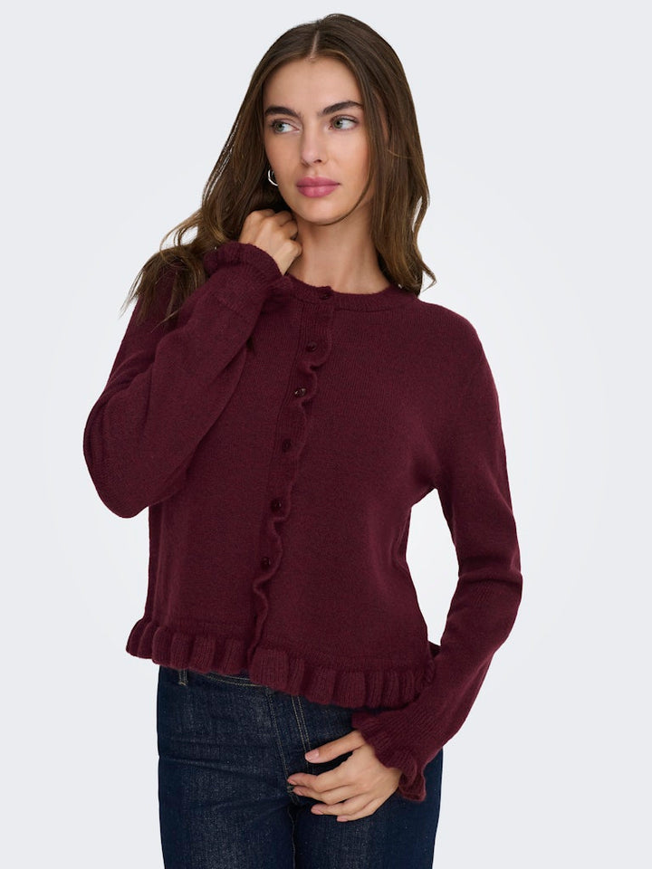 Jdyletty L/s On Frill Cardigan Knt Noos - Bordeaux