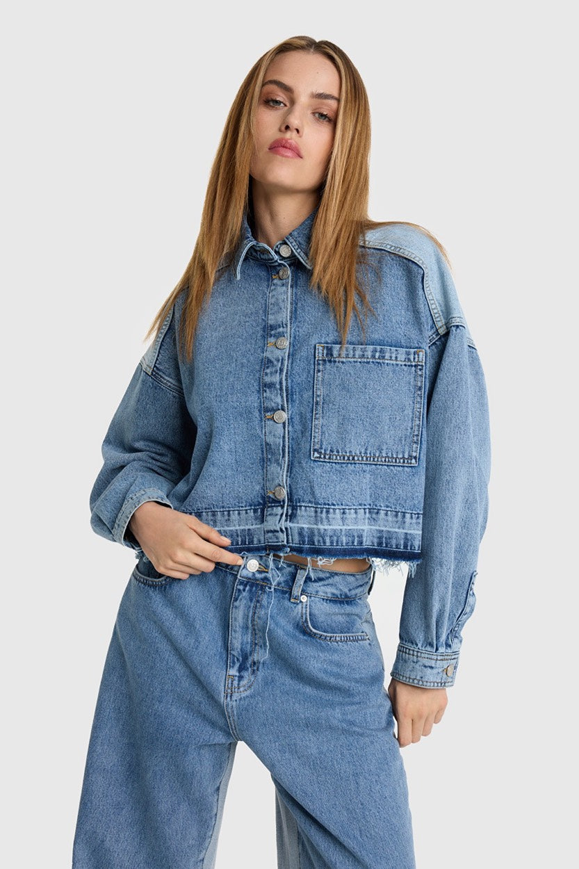 Mixed Denim Blouse - Blue Denim
