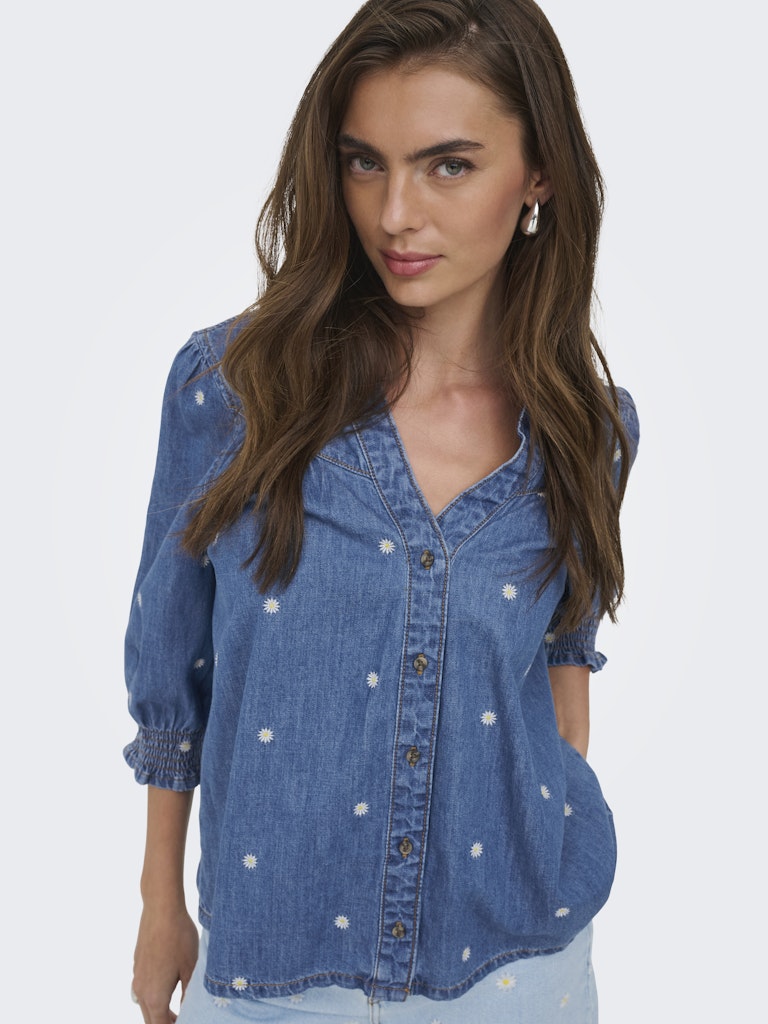 Onlraya Daisy Emb 3/4 Shirt Dnm Akm - Blue Denim