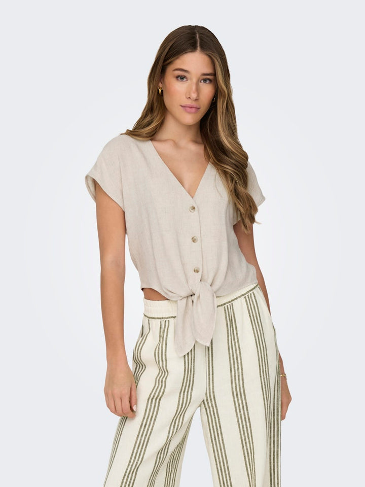Onlsiesta Ss Knot Lin Bl Shirt Pnt Noos - Beige