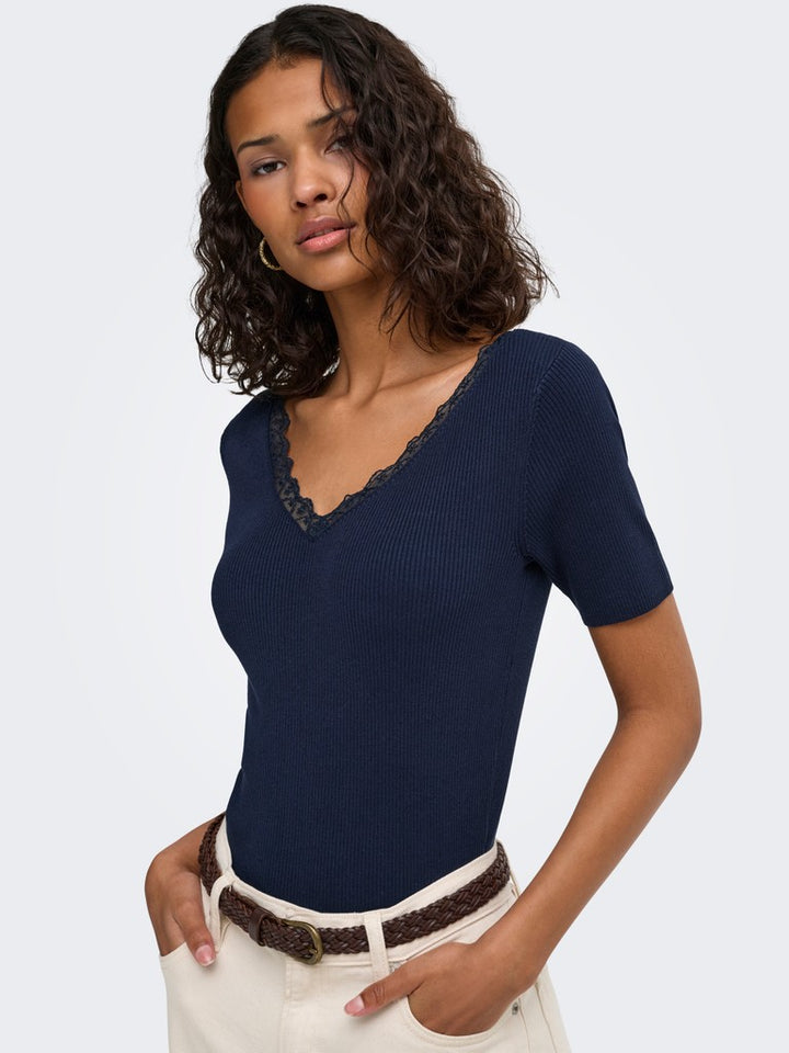 Jdynanna S/s Revers Lace Pullover Knt - Navy