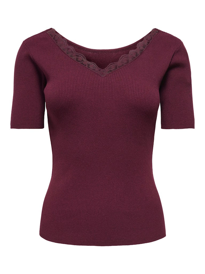 Jdynanna S/s Revers Lace Pullover Knt - Bordeaux