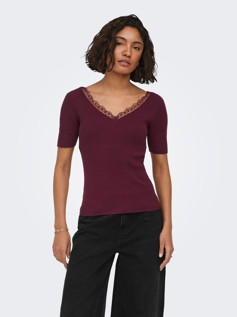 Jdynanna S/s Revers Lace Pullover Knt - Bordeaux