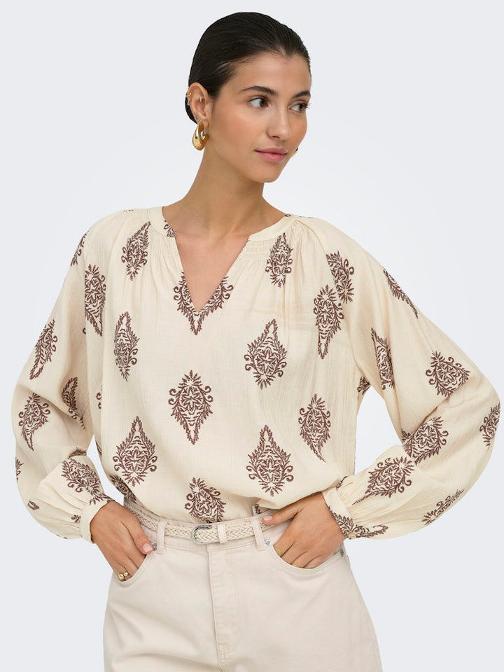 Jdyholly L/s  Smock Top Wvn - Ecru Dessin