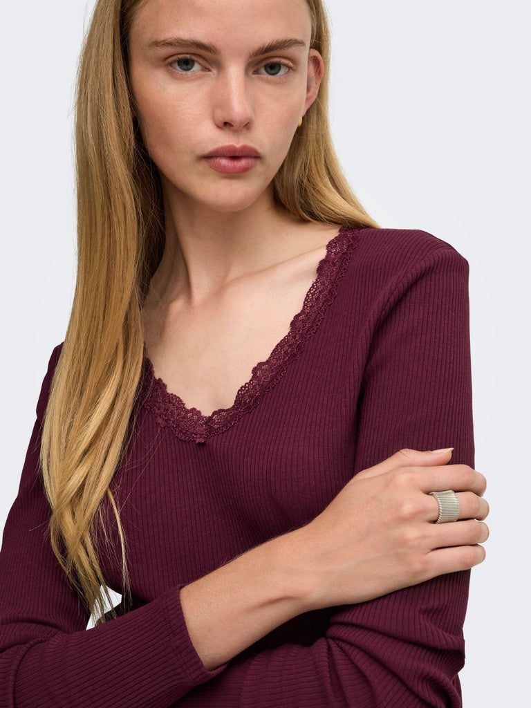 Onlsara Sharai L/s V-neck Top Jrs - Bordeaux