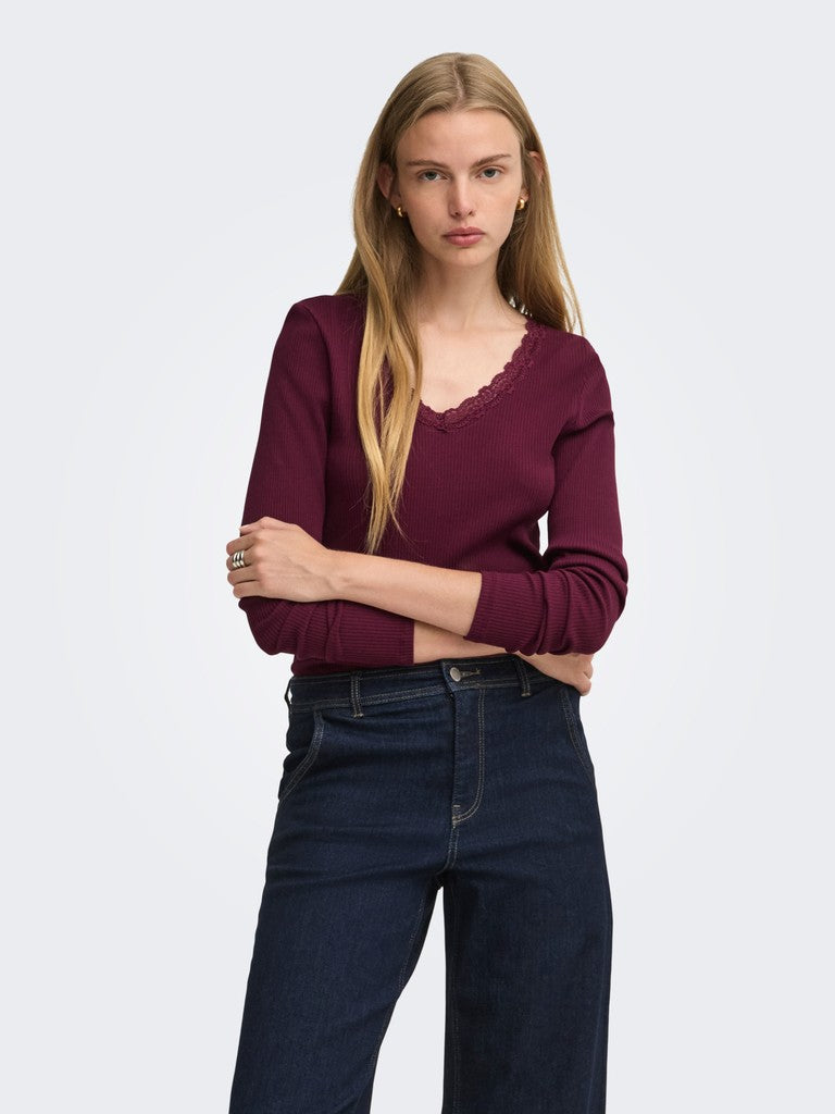 Onlsara Sharai L/s V-neck Top Jrs - Bordeaux