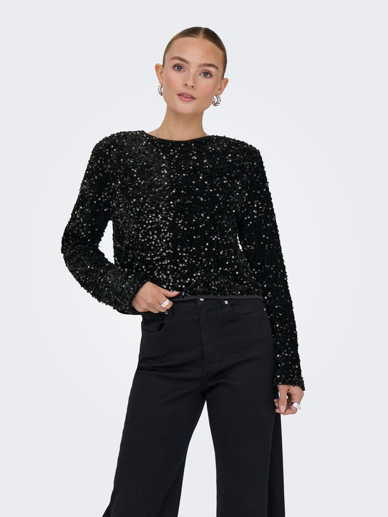 Onlanika Sequins Ls Bow Top Wvn Cs - Zwart