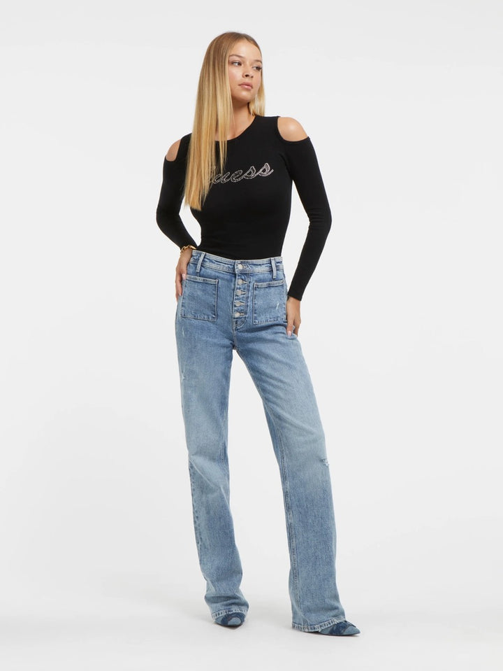 Cold Shoulder Guess Logo Sweater - Zwart