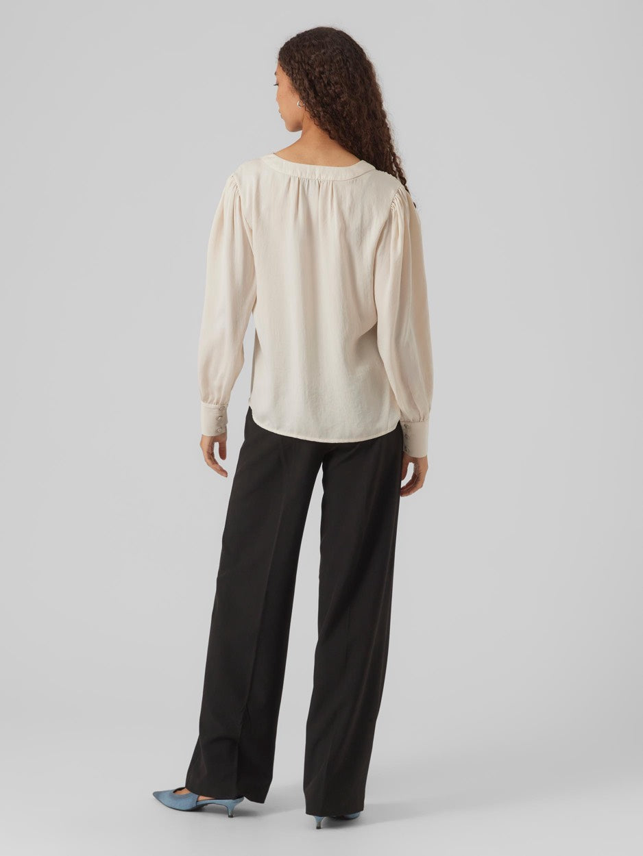 Vmgisana L/s V-neck Shirt Wvn Btq - Beige