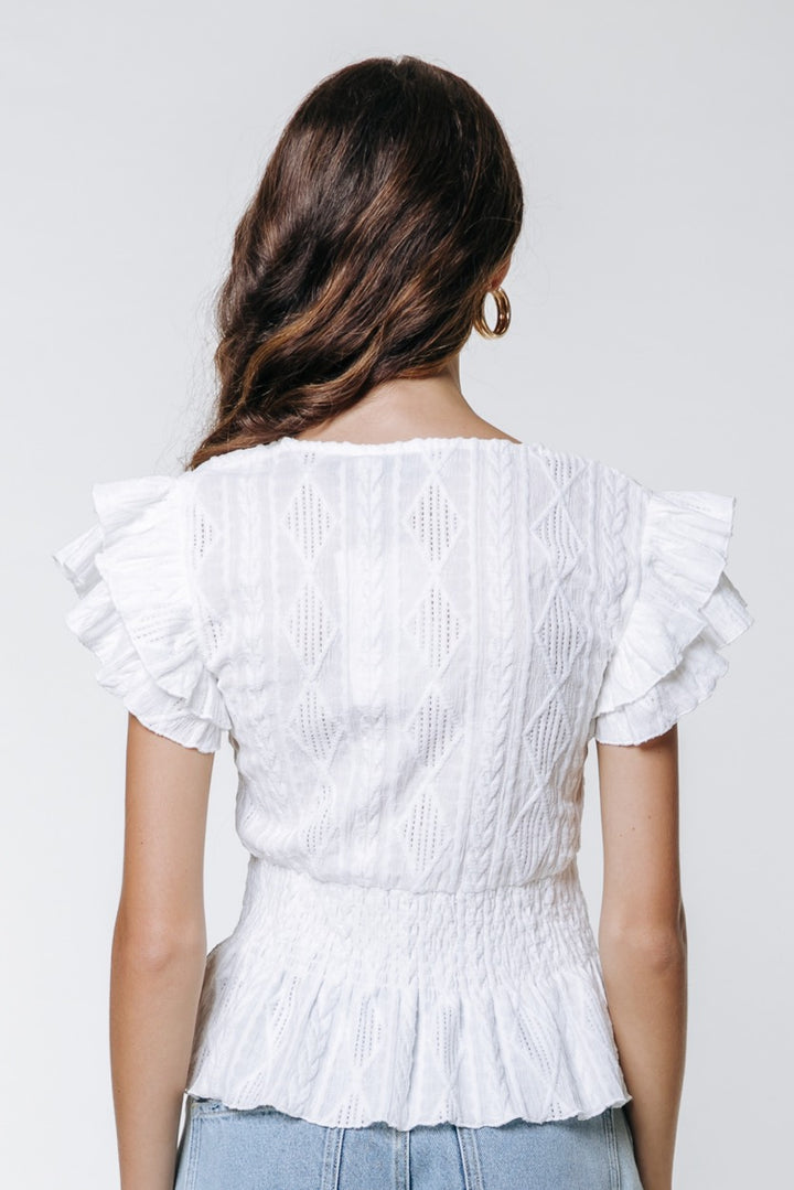 Una Brodery Ruffle Sleeve Top - Off-white