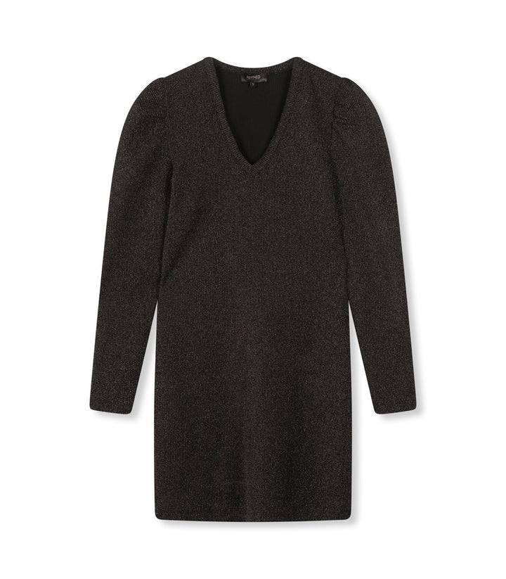 Mira Ladeis Knitted Lurex Rib Puff Shoulder Dress - Zwart Dessin